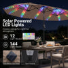 Extra-large 15.5FT brown patio umbrella with 144 LED beads and 12 light modes, perfect for outdoor gatherings.