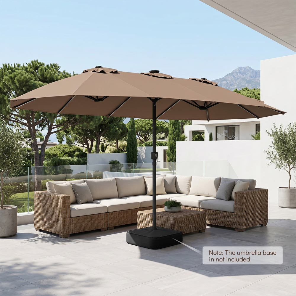 Extra-large 15.5FT brown patio umbrella with 12 reinforced metal ribs, ideal for providing shade in outdoor spaces.
