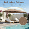 Extra-large 15.5FT brown patio umbrella with 12 reinforced ribs, water-resistant fabric, perfect for outdoor relaxation.
