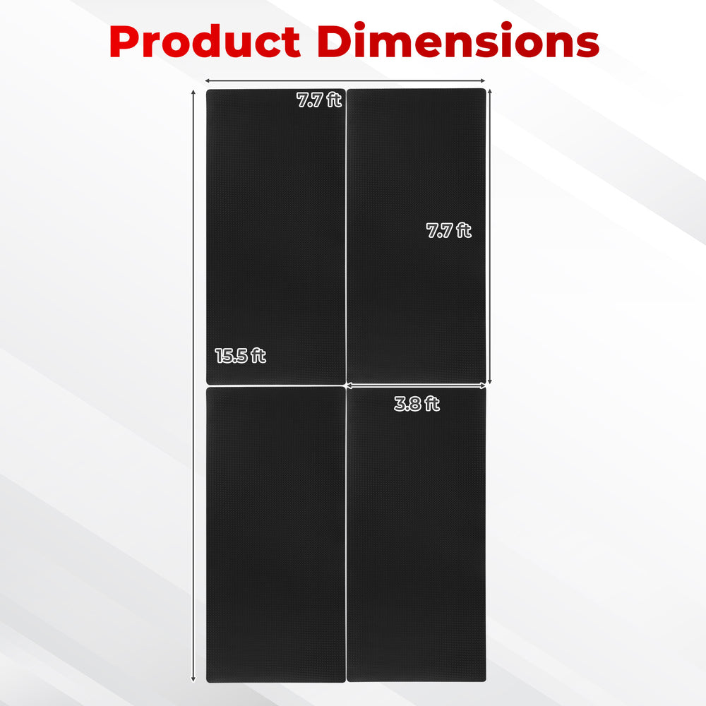 Product dimensions of 15.5 x 7.7 FT garage tool mats, showing four 7 mm thickened PE pads for versatile use.