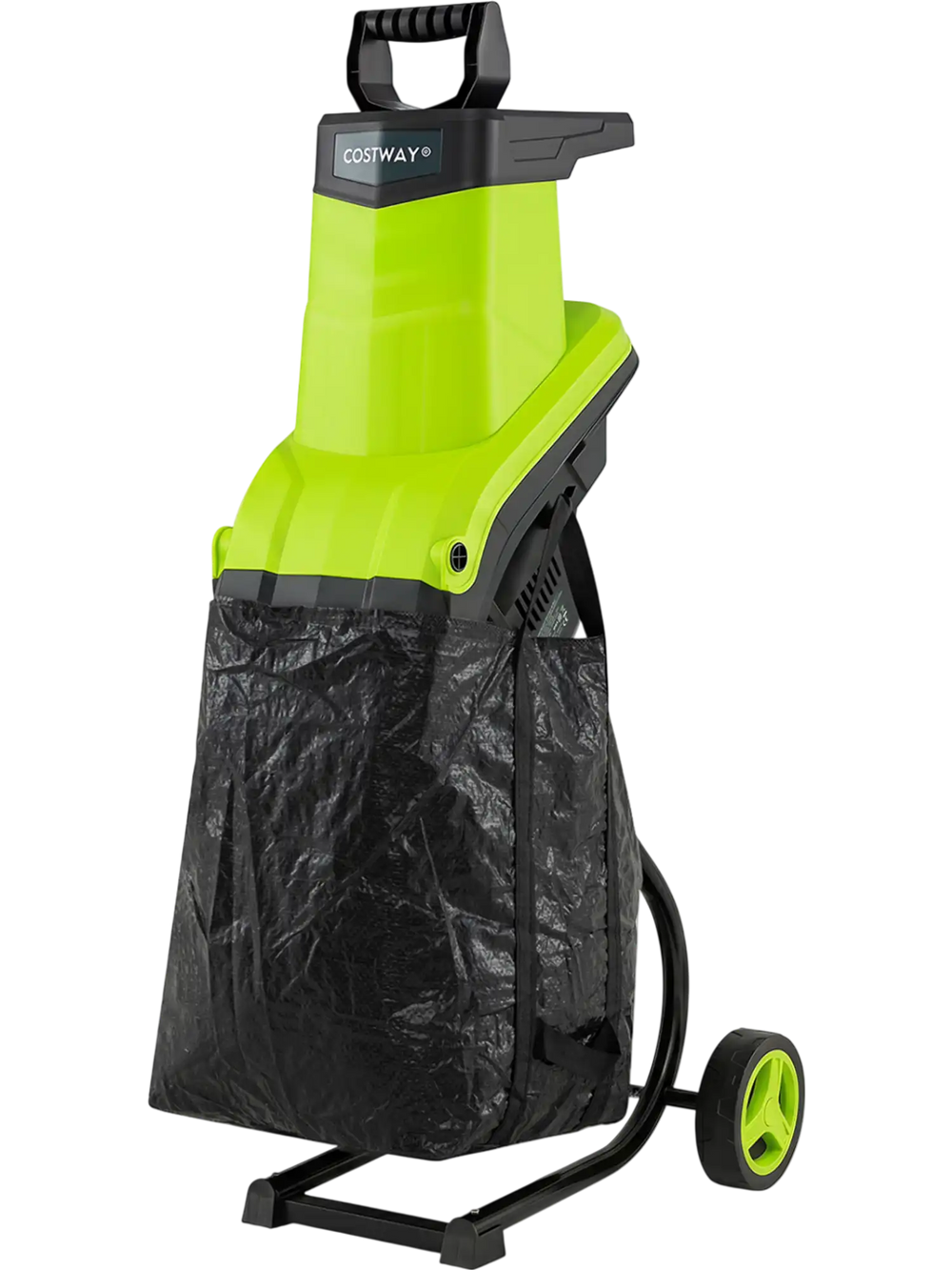 Electric wood chipper shredder in green with 15A motor, 1.8-inch cutting capacity, and 13.2-gallon collection bag for efficient mulching.