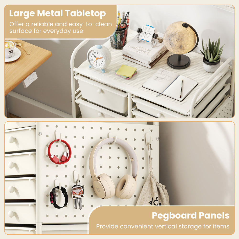 15-drawer rolling storage cart with a metal tabletop and pegboard panels for versatile organization and easy access.