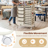 15-drawer rolling storage cart with metal tabletop and pegboard, featuring 360° swivel wheels for easy maneuverability.