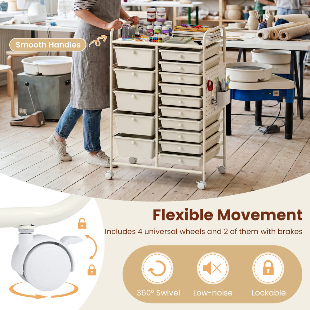 15-drawer rolling storage cart with metal tabletop and pegboard, featuring 360° swivel wheels for easy maneuverability.