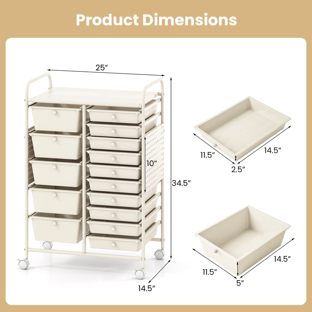 15-drawer rolling storage cart in white with metal tabletop and pegboard, ideal for versatile organization in various.