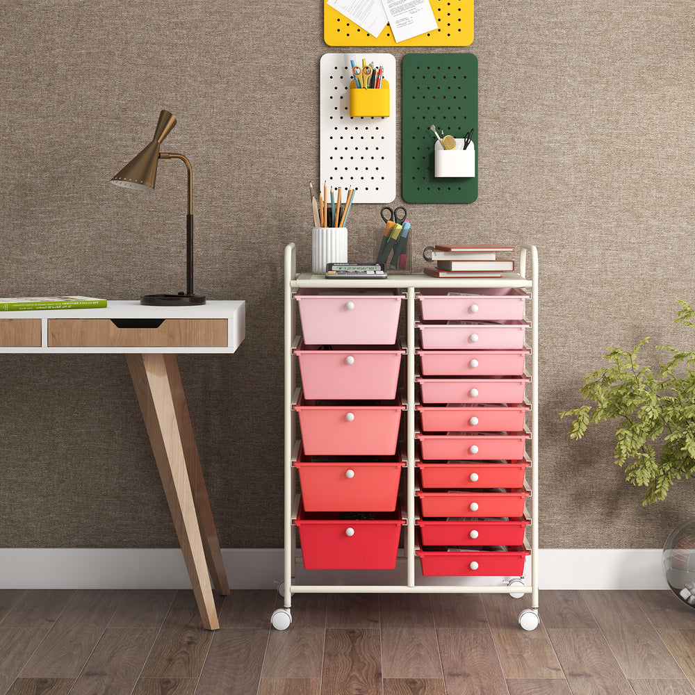 15-Drawer Utility Rolling Organizer Cart Multi-Use Storage-Gradient Pink - Gallery View 1 of 10