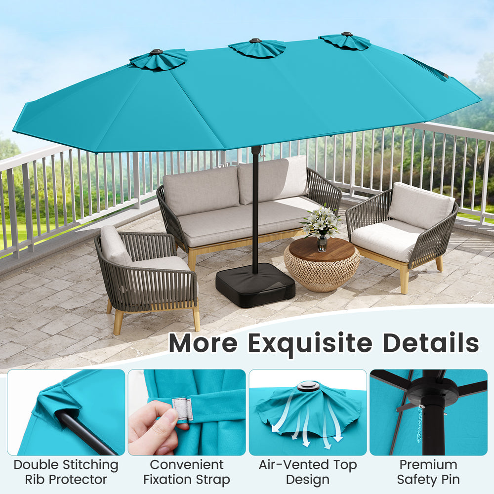 15ft double-sided turquoise patio umbrella with crank, featuring a sturdy base and air-vented top for enhanced.