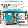 15ft double-sided turquoise patio umbrella with crank, featuring a sturdy metal base and water-repellent fabric for.