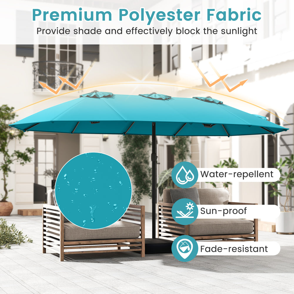 15ft double-sided turquoise patio umbrella with crank, featuring a sturdy metal base and water-repellent fabric for.