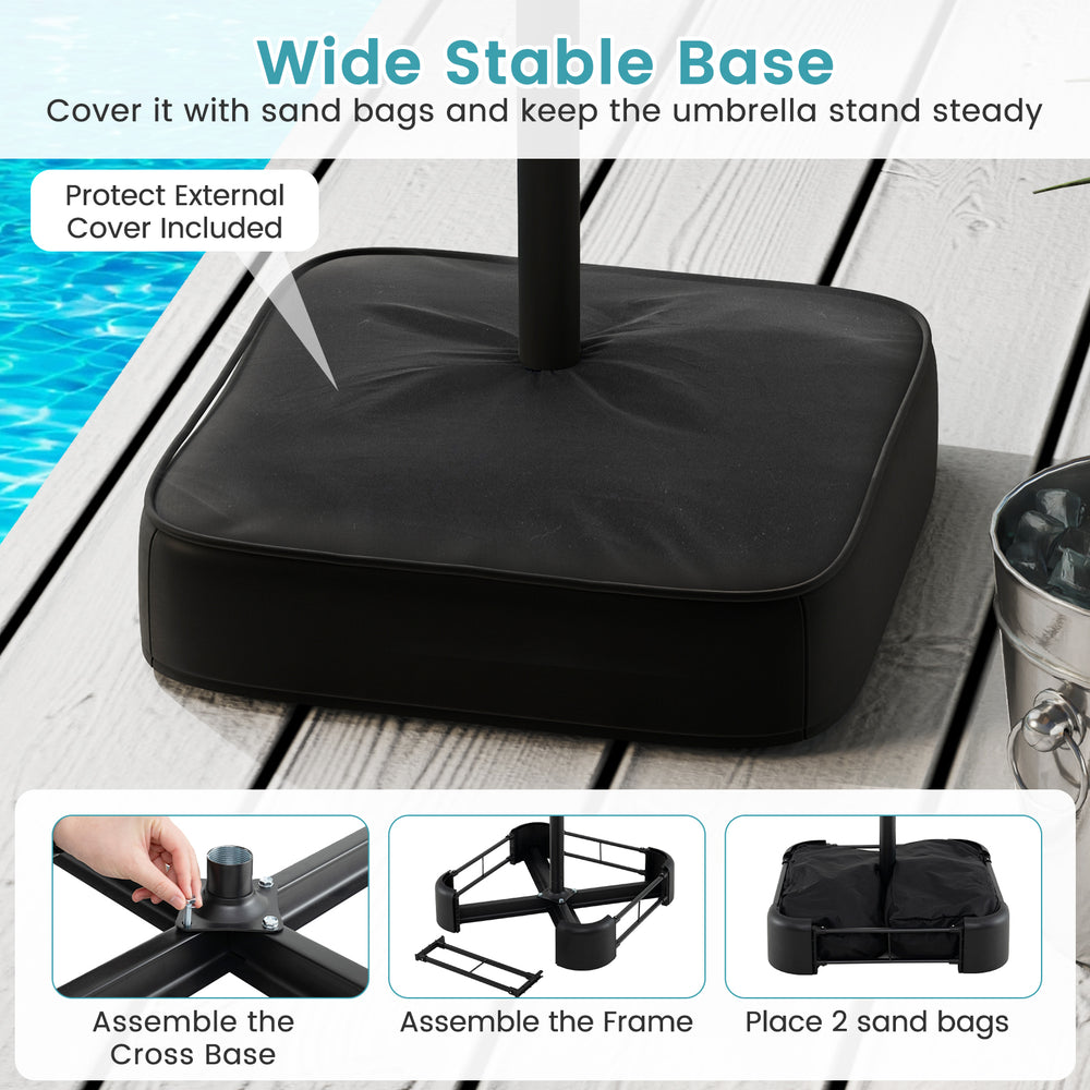 Wide stable base of the 15ft double-sided patio umbrella with sandbags for added stability and protection cover.