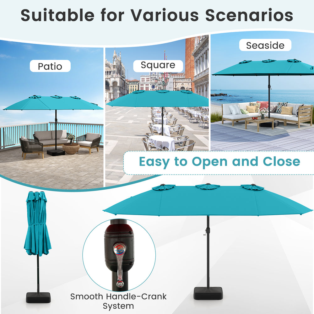 Turquoise 15ft double-sided patio umbrella with easy crank mechanism, perfect for providing shade in various outdoor.