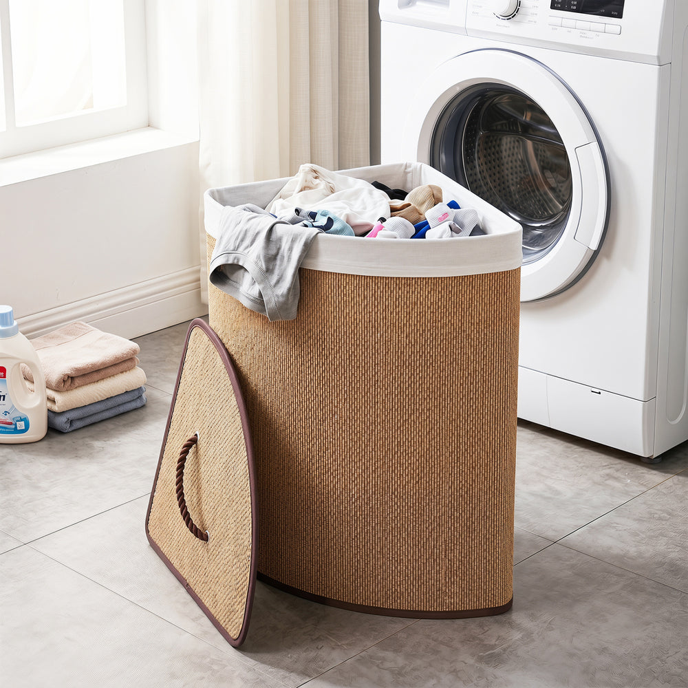 Bamboo laundry hamper with removable liner, 15-gal capacity, brown, perfect for bedrooms and laundry rooms.