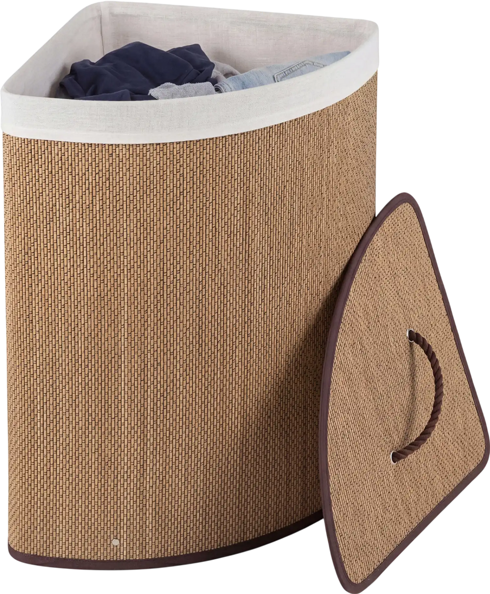 Bamboo laundry hamper with removable liner, top handle for easy access, ideal for organizing clothes in any space.