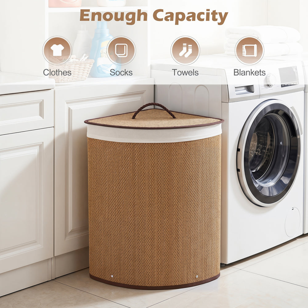 Bamboo laundry hamper with removable liner, 15-gal capacity, perfect for clothes and towels, ideal for laundry rooms.