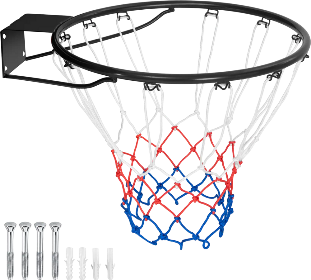 15-inch black basketball rim with all-weather net and mounting hardware, suitable for indoor and outdoor play.