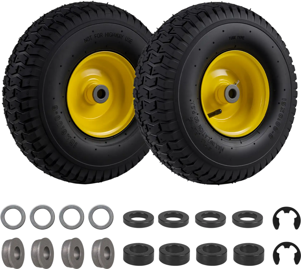 15 x 6.00-6 tube-type tires and wheels, heavy-duty 4-ply rubber, yellow rims, ideal for riding mowers and carts.