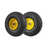 15 x 6.00-6 tube-type tires with yellow wheels, heavy-duty 4-ply rubber, ideal for riding mowers and carts.