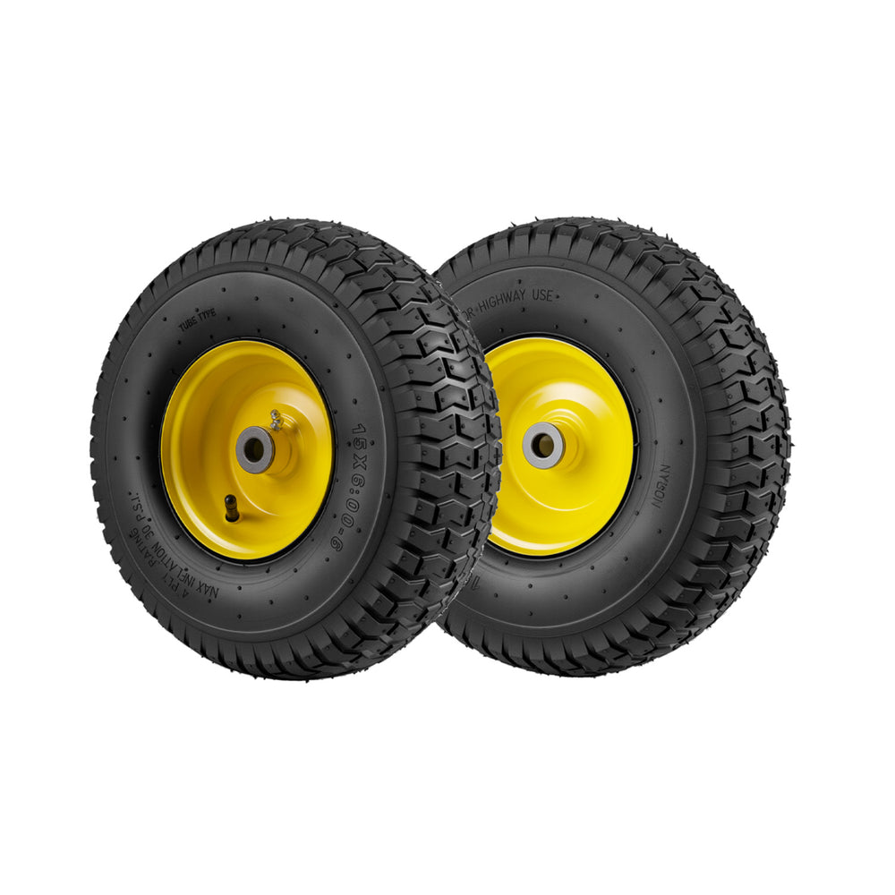 15 x 6.00-6 tube-type tires with yellow wheels, heavy-duty 4-ply rubber, ideal for riding mowers and carts.