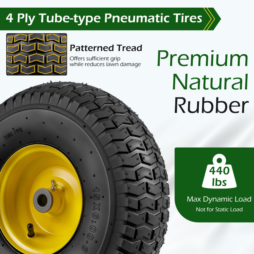 15 x 6.00-6 tube-type tire with patterned tread, made of 4-ply natural rubber, supports 440 lbs for riding mowers.