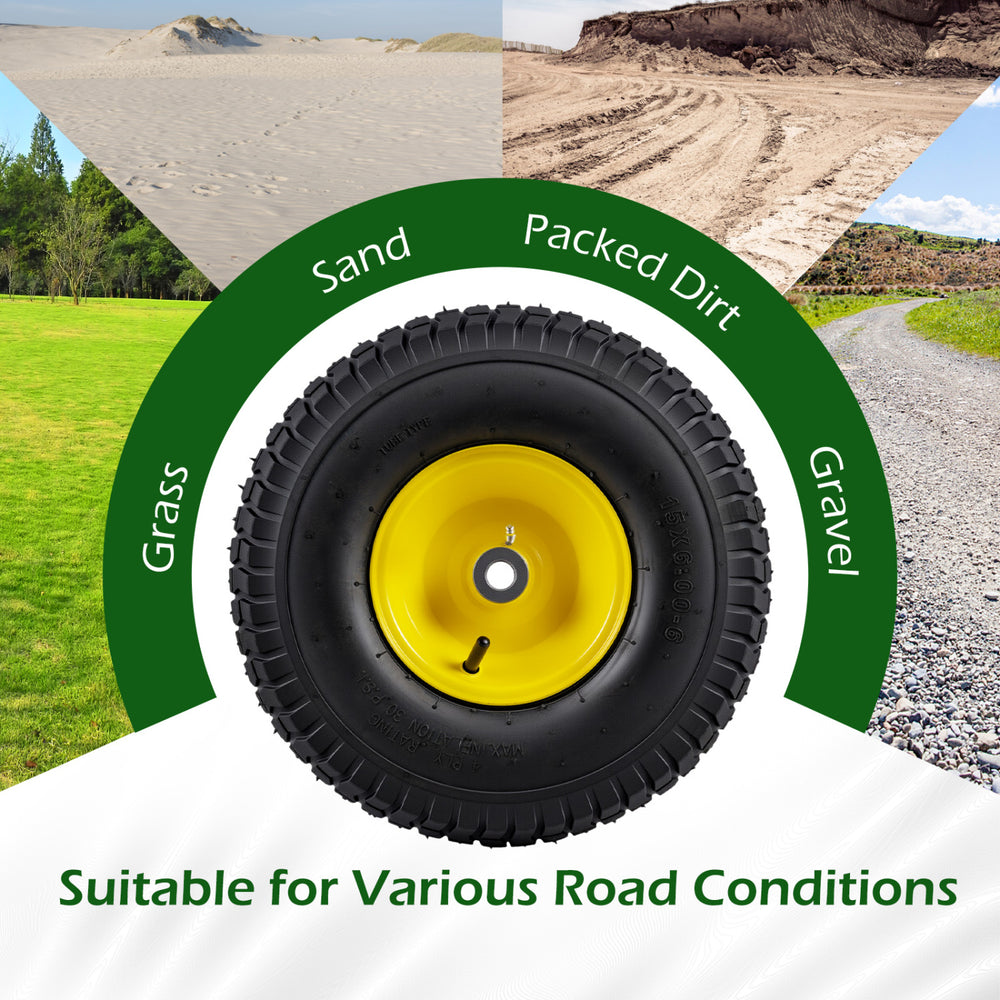 15 x 6.00-6 tube-type tire with yellow wheel, designed for grass, sand, and gravel surfaces, ideal for riding mowers.