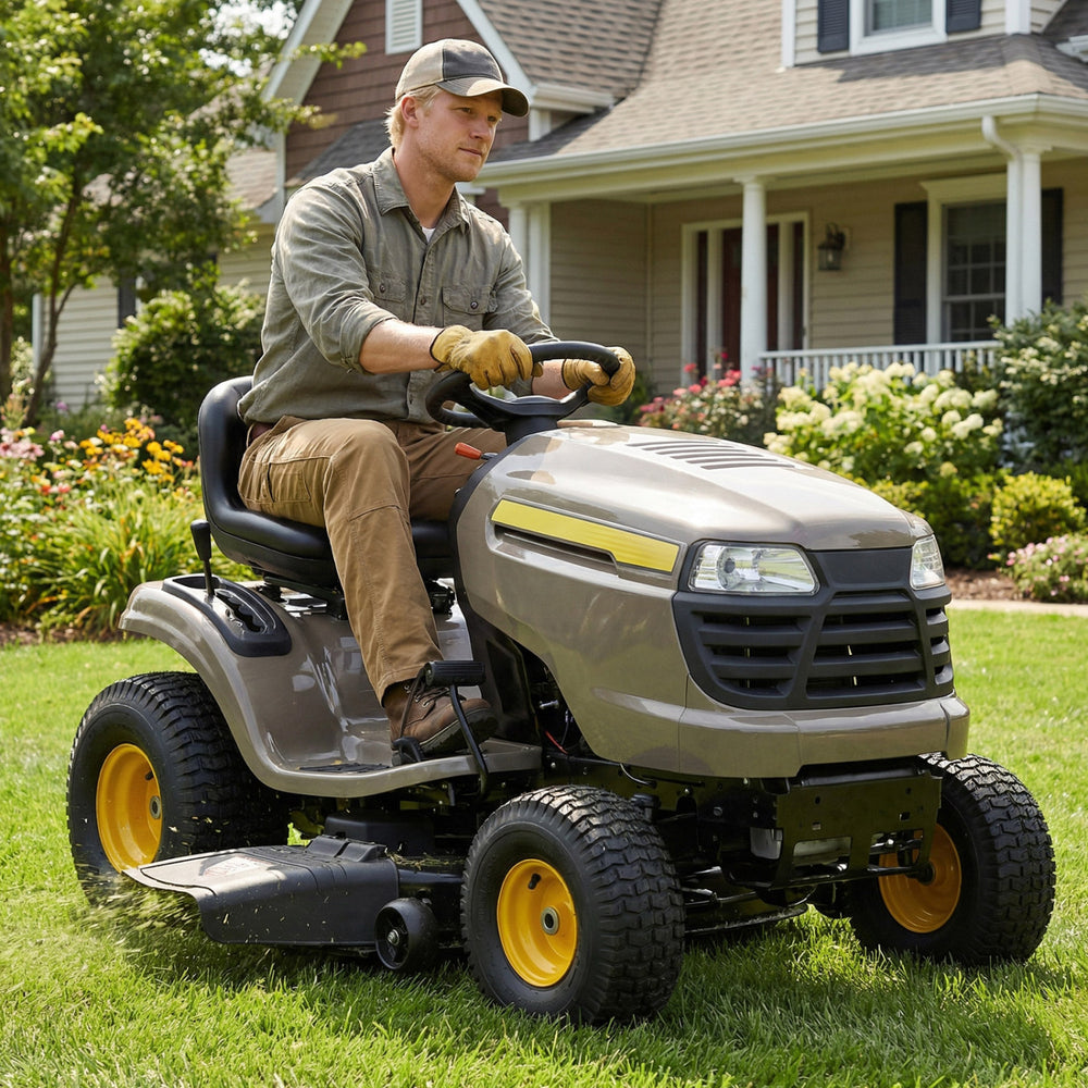 Riding mower with 15 x 6.00-6 tubeless tires, featuring heavy-duty 4-ply rubber for demanding mowing tasks.