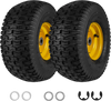 15 x 6.00-6 tubeless tires with yellow wheels, heavy-duty 4-ply construction for riding mowers and carts.
