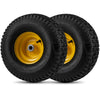 Side view of a 15 x 6.00-6 tubeless tire and wheel, featuring a robust yellow rim and tread designed for lawn care.