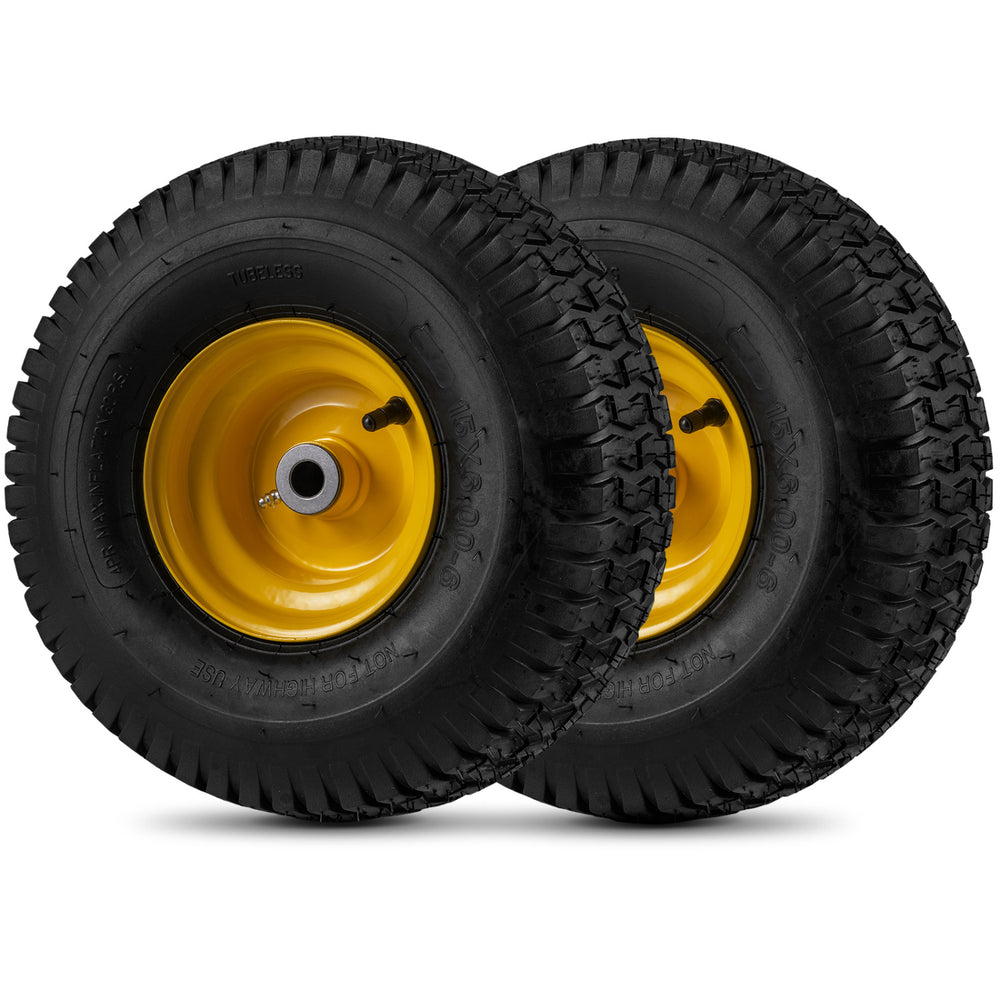 Side view of a 15 x 6.00-6 tubeless tire and wheel, featuring a robust yellow rim and tread designed for lawn care.