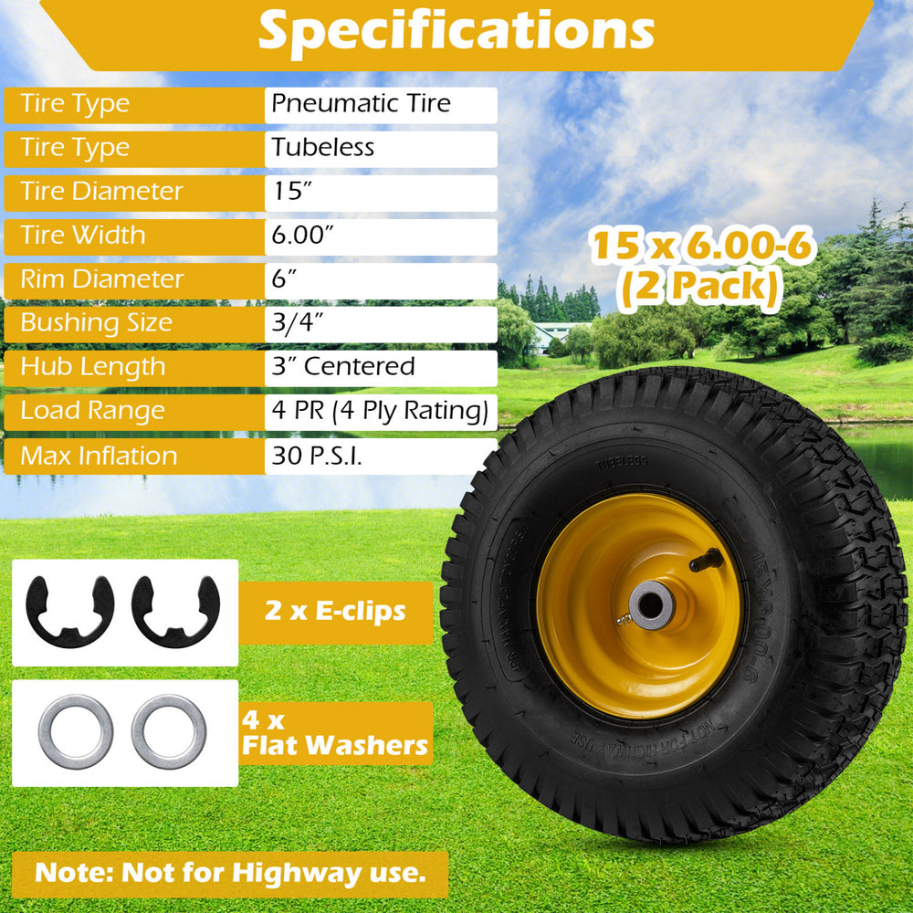 15 x 6.00-6 tubeless tires with yellow wheels, 4-ply construction, suitable for riding mowers and carts.