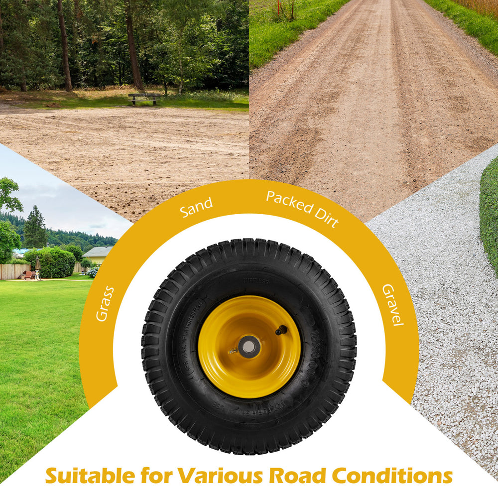 15 x 6.00-6 tubeless tire showcasing heavy-duty 4-ply rubber, suitable for grass, sand, packed dirt, and gravel.