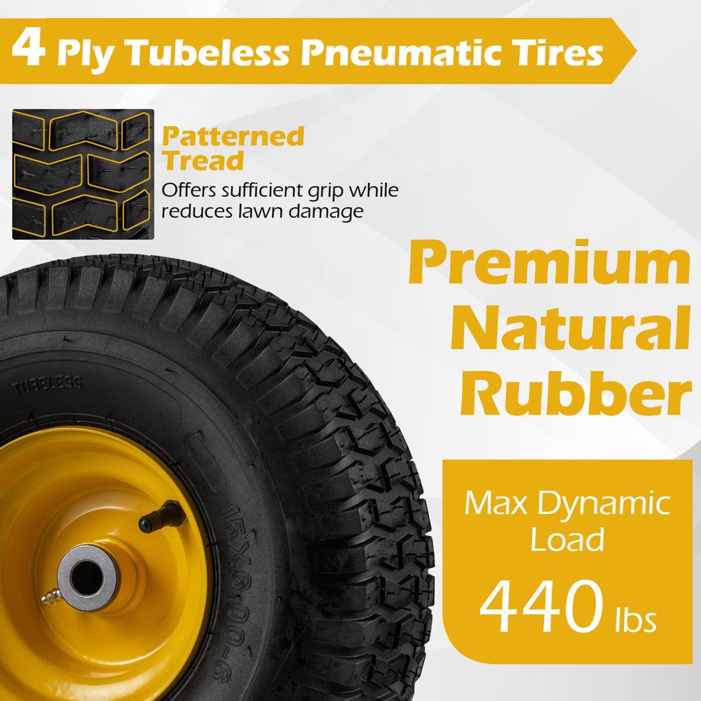 15 x 6.00-6 tubeless tire with patterned tread, 4-ply rubber, max load 440 lbs, ideal for riding mowers and carts.