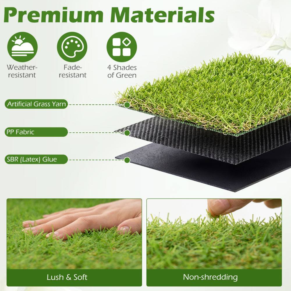 Close-up of 15 x 7 feet artificial turf rug with low 0.75 inch pile height, featuring soft, non-shedding grass yarn.