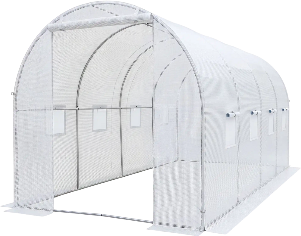 Walk-in tunnel greenhouse measuring 15 x 7 x 7 ft, featuring a waterproof PE cover and heavy-duty galvanized steel frame.
