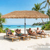 Oversized 15 x 9 FT solar double-sided patio umbrella with thatched design and multi-colored lights for garden or poolside use.