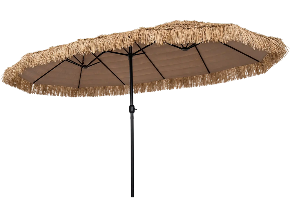 Oversized 15 x 9 FT solar double-sided patio umbrella with thatched design, 144 multi-colored lights, and crank lift for outdoor use.
