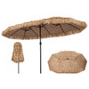 Oversized 15 x 9 FT solar double-sided patio umbrella with thatched design, 144 multi-colored lights, and crank lift for outdoor gatherings.