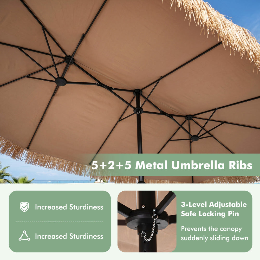 Double-sided 15 x 9 FT patio umbrella with 144 multi-colored lights and 5+2+5 metal ribs for enhanced sturdiness and style.