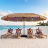 The 15 x 9 FT solar double-sided patio umbrella features 144 multi-colored lights, perfect for beachside gatherings.