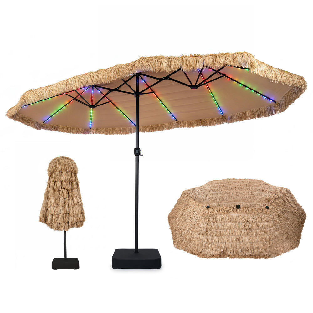 Solar double-sided patio umbrella with 144 multi-colored lights, ideal for backyard gatherings and poolside lounging.