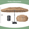 15 x 9 FT solar double-sided patio umbrella with layered PE thatch and 144 multi-colored lights for outdoor gatherings.