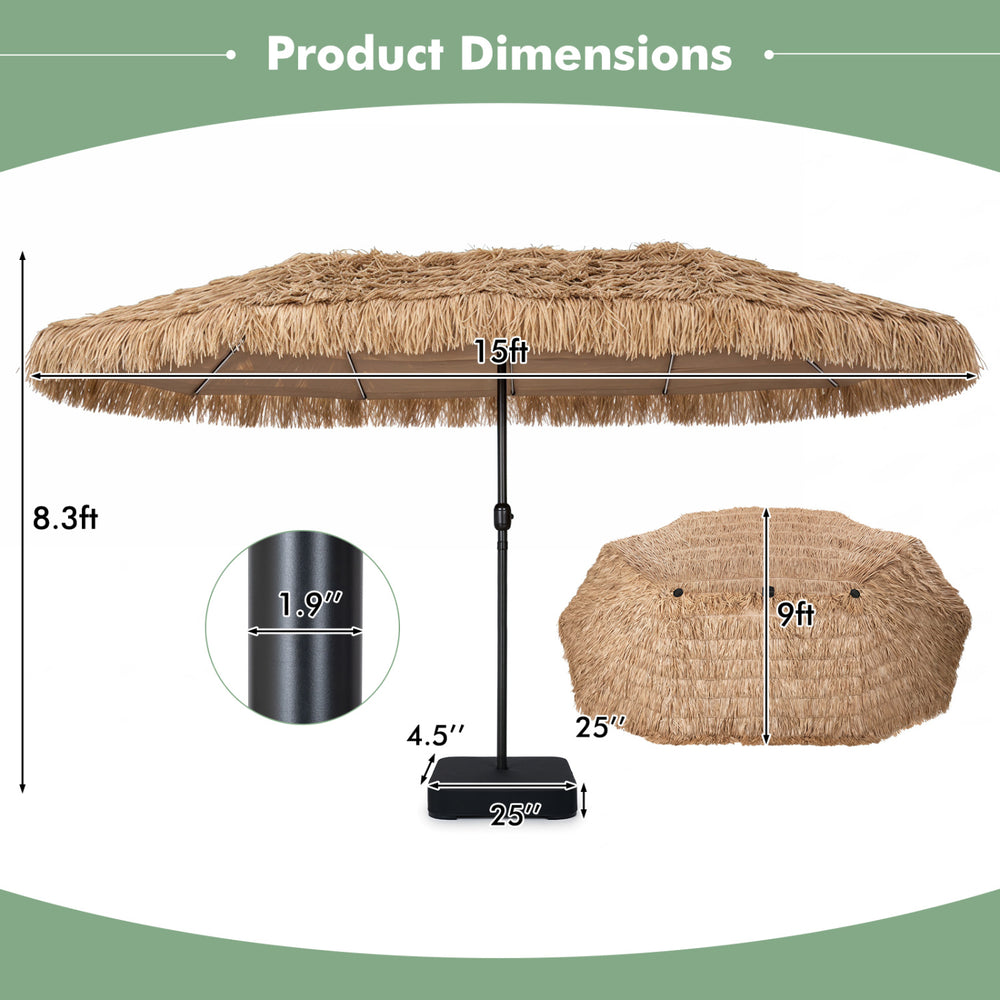 15 x 9 FT solar double-sided patio umbrella with layered PE thatch and 144 multi-colored lights for outdoor gatherings.