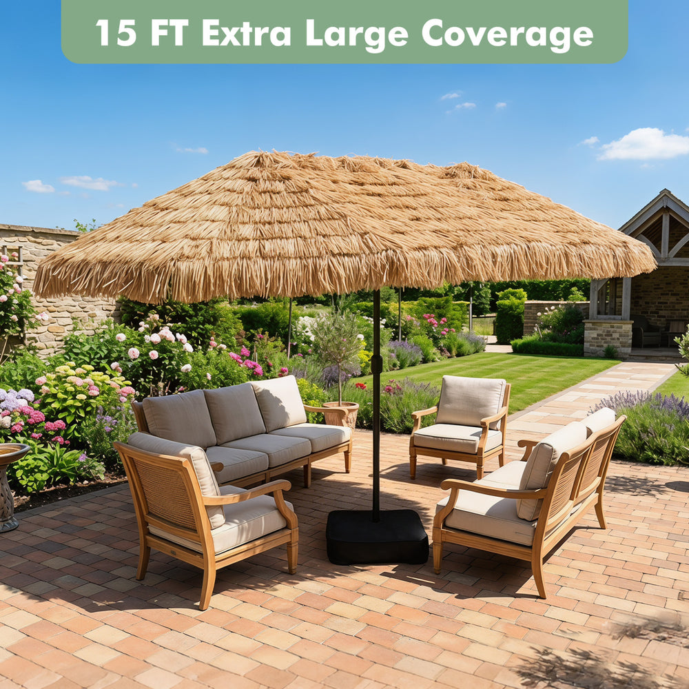 Extra large 15 x 9 FT brown patio umbrella with 144 multi-color lights, perfect for backyard gatherings and poolside lounging.