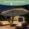 15 x 9 FT solar double-sided patio umbrella with 144 multi-colored lights, perfect for backyard gatherings and poolside lounging.
