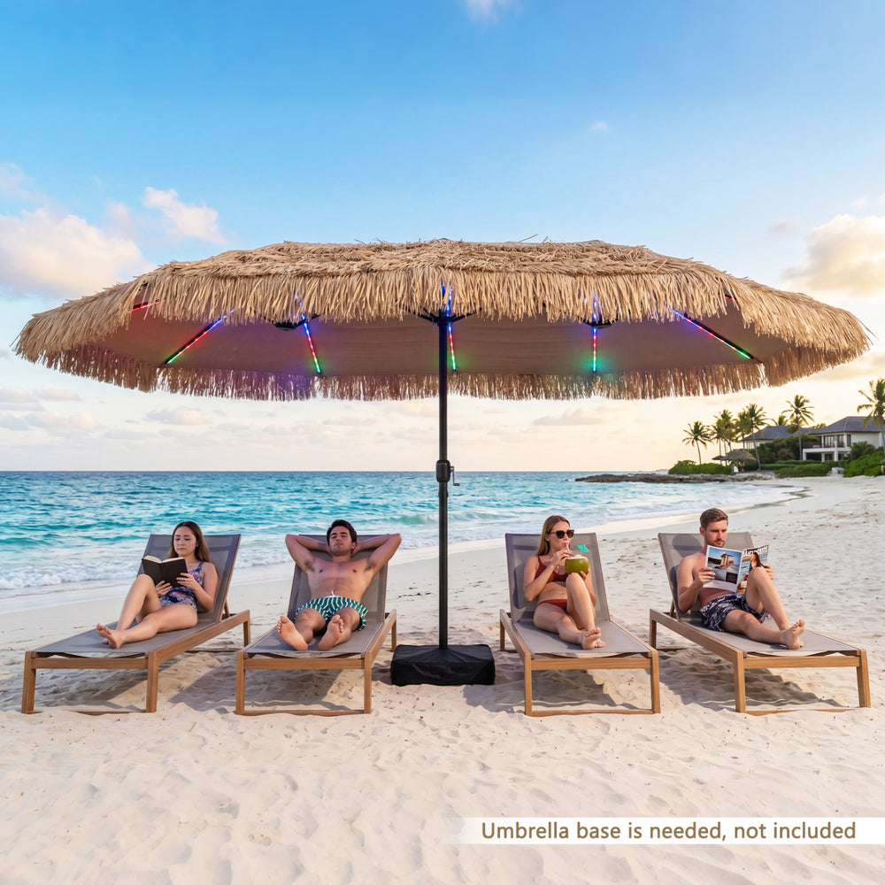 Solar double-sided patio umbrella with 144 multi-colored lights, ideal for beach lounging and backyard gatherings.
