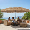 Double-sided 15 x 9 FT patio umbrella with 144 multi-colored lights, ideal for backyard gatherings and poolside lounging.