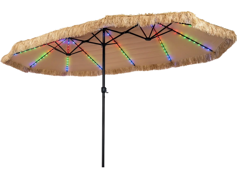 Solar double-sided patio umbrella with 144 multi-colored lights, brown polyester fabric, perfect for backyard gatherings.