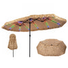 Brown 15 x 9 FT solar double-sided patio umbrella features 144 multi-colored lights, ideal for backyard gatherings and poolside lounging.