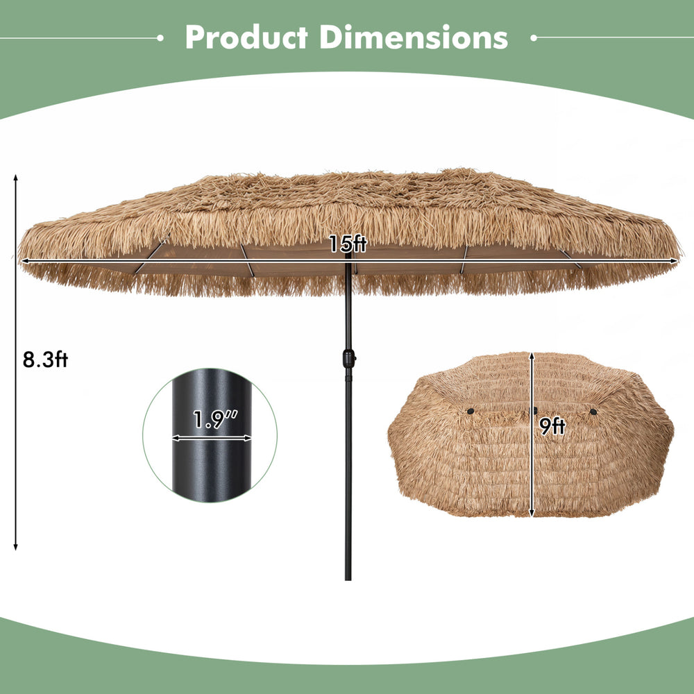 15 x 9 FT solar double-sided patio umbrella with brown layered PE thatch and 144 multi-colored lights for outdoor gatherings.