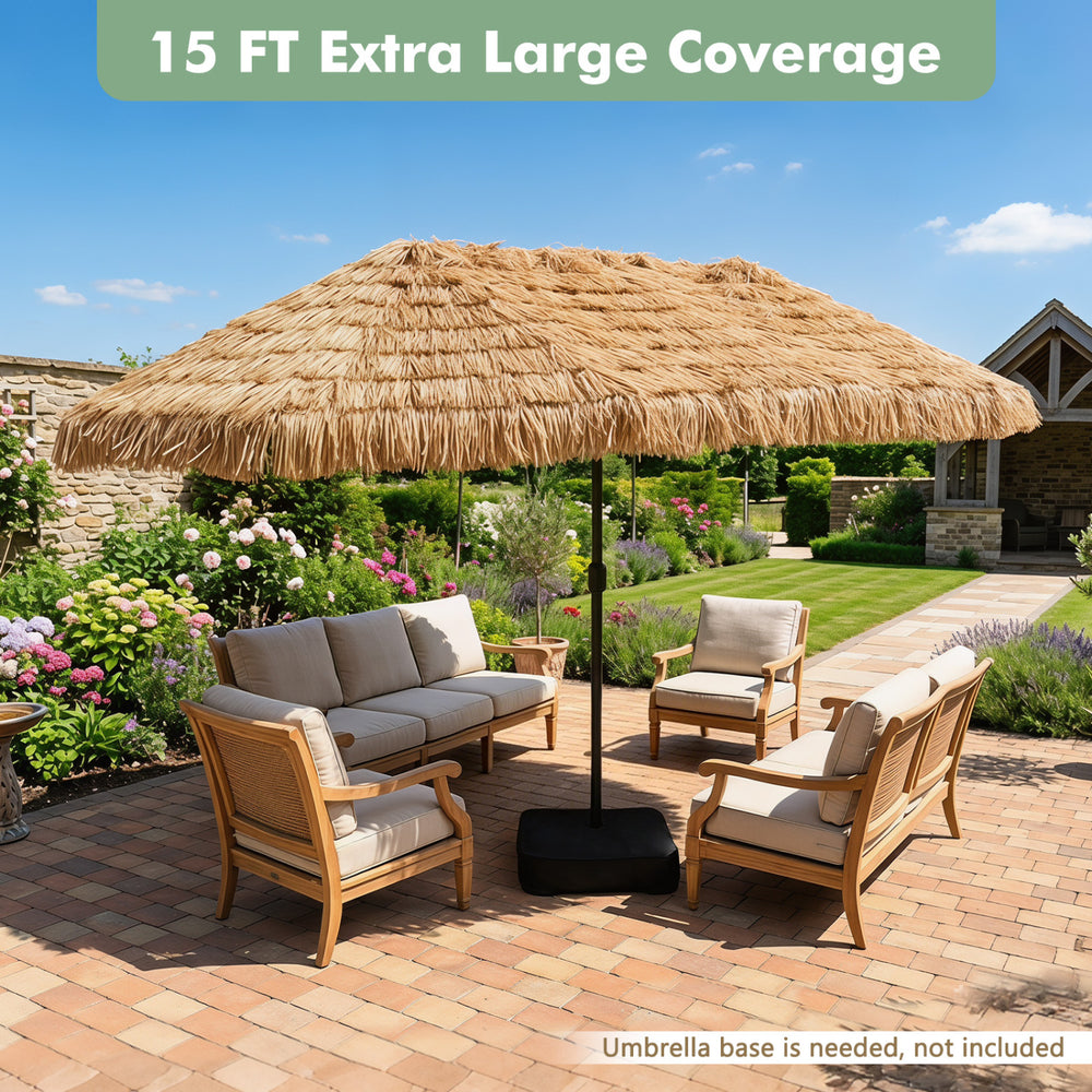 15 x 9 FT solar double-sided patio umbrella with multi-colored lights, perfect for backyard gatherings and poolside lounging.