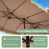 Double-sided 15 x 9 FT brown patio umbrella with 144 multi-colored lights and sturdy 5+2+5 metal ribs for outdoor gatherings.